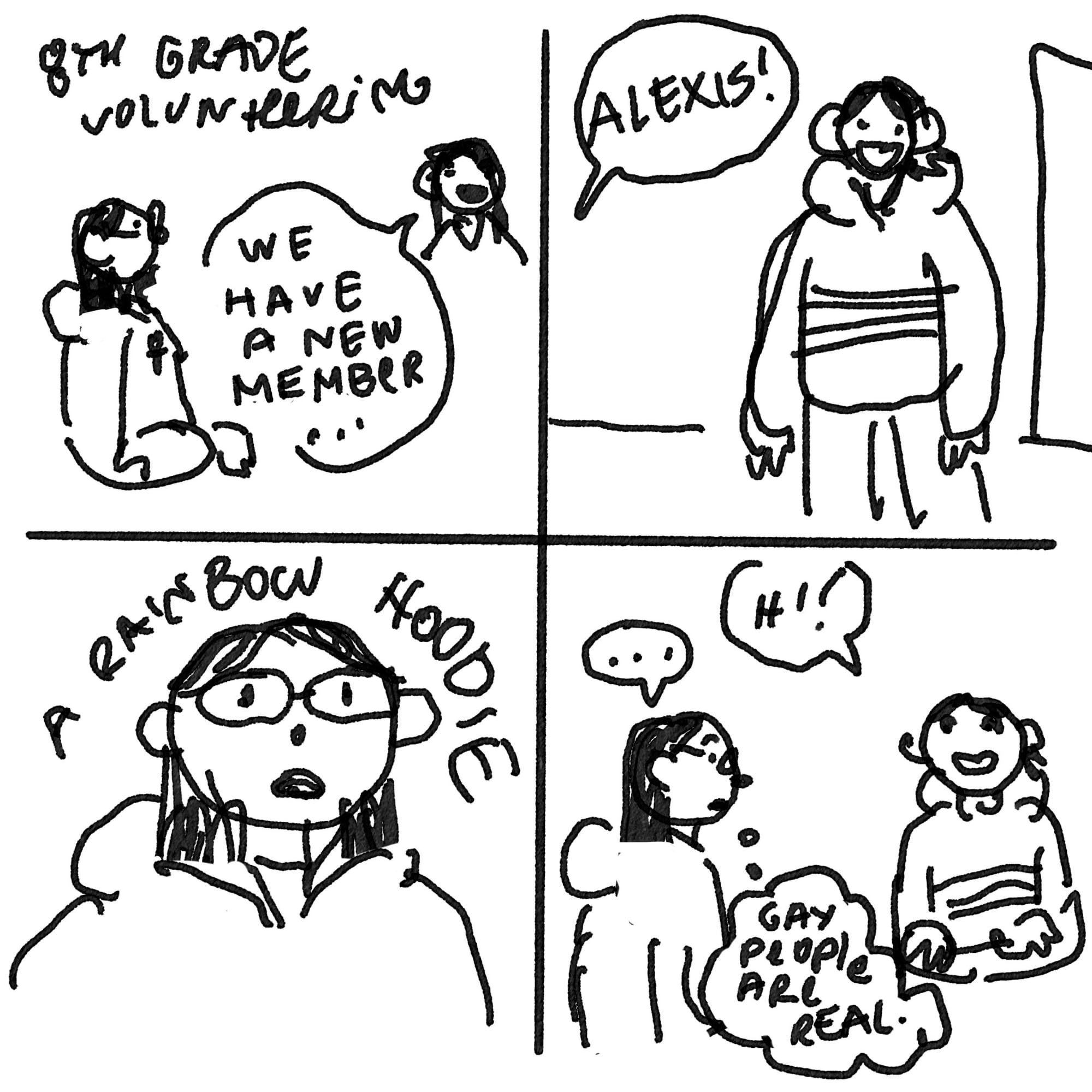 A comic strip where Sophie sees a girl who is wearing a rainbow hoodie and thinks she is gay.