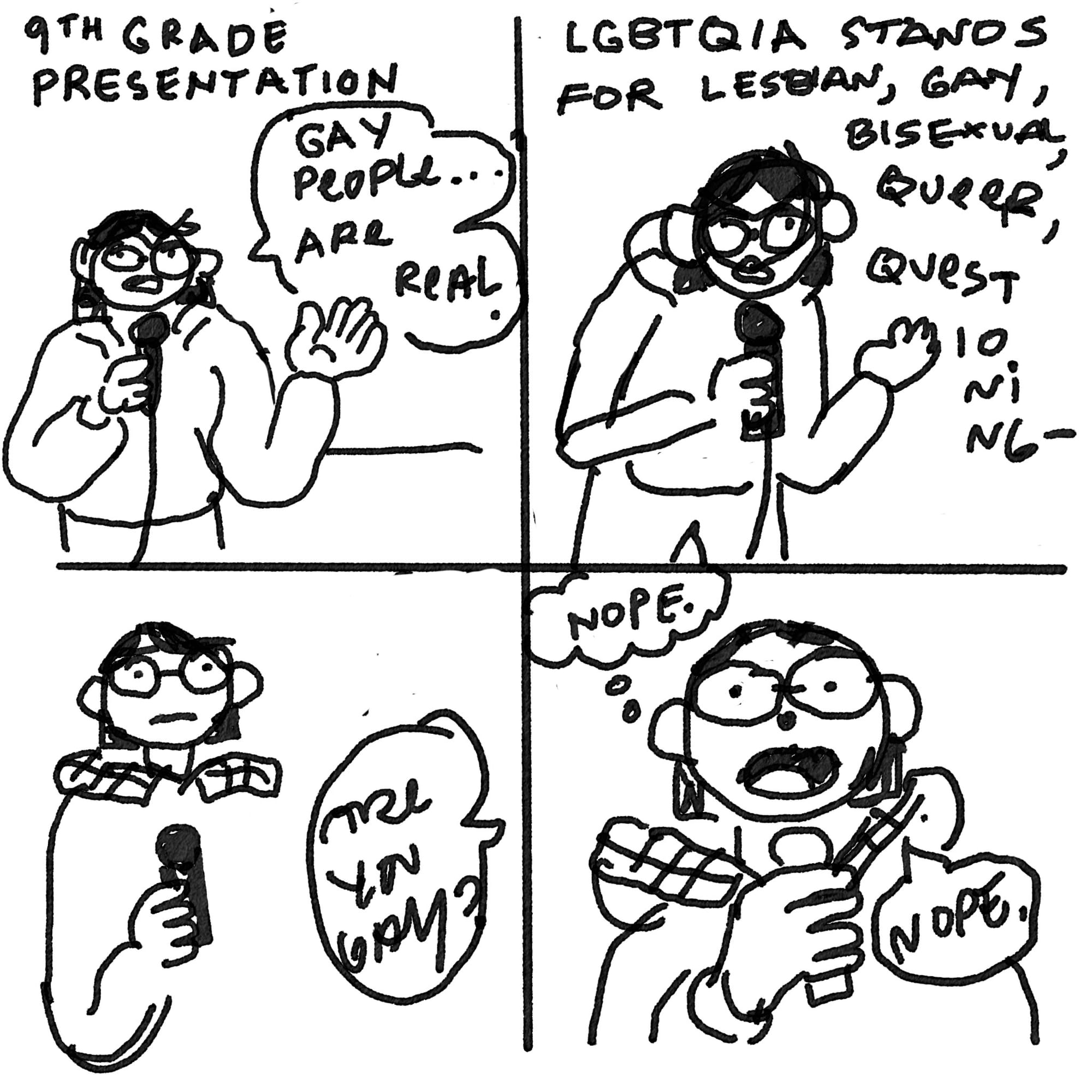 A comic strip where Sophie gives a talk about gay people and explains LGBTQIA.