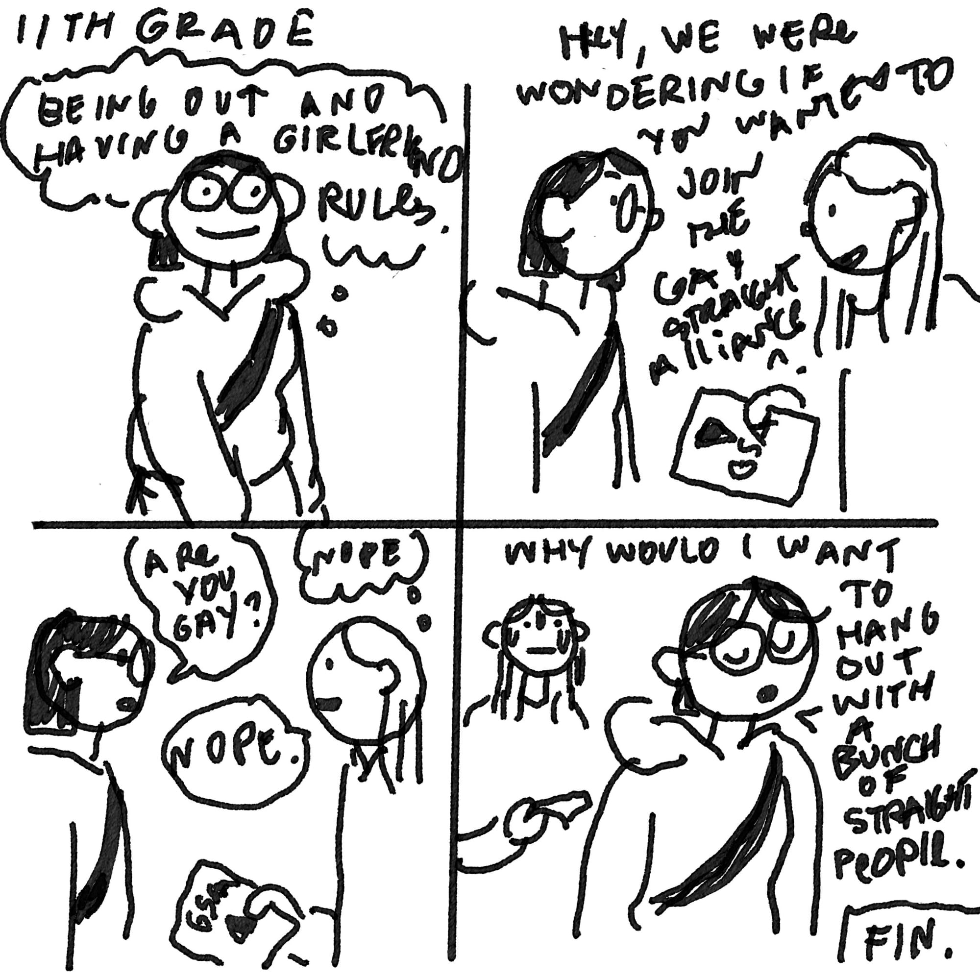 A comic strip where Sophie is out now and she talks to someone from the Gay Straight Alliance.