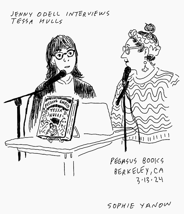 An illustrated portrait of Jenny Odell and Tessa Hulls.